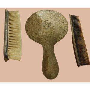 Antique Arts Crafts Lebolt 925 Sterling Hammered Silver Vanity Set Mirror Brush